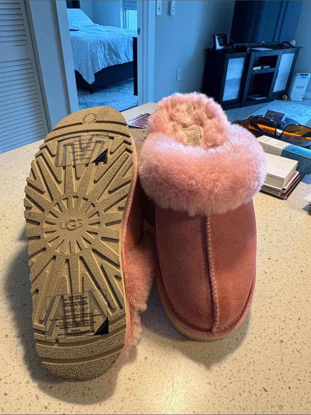 UGG Pink Shearling-Trim Slide Slippers